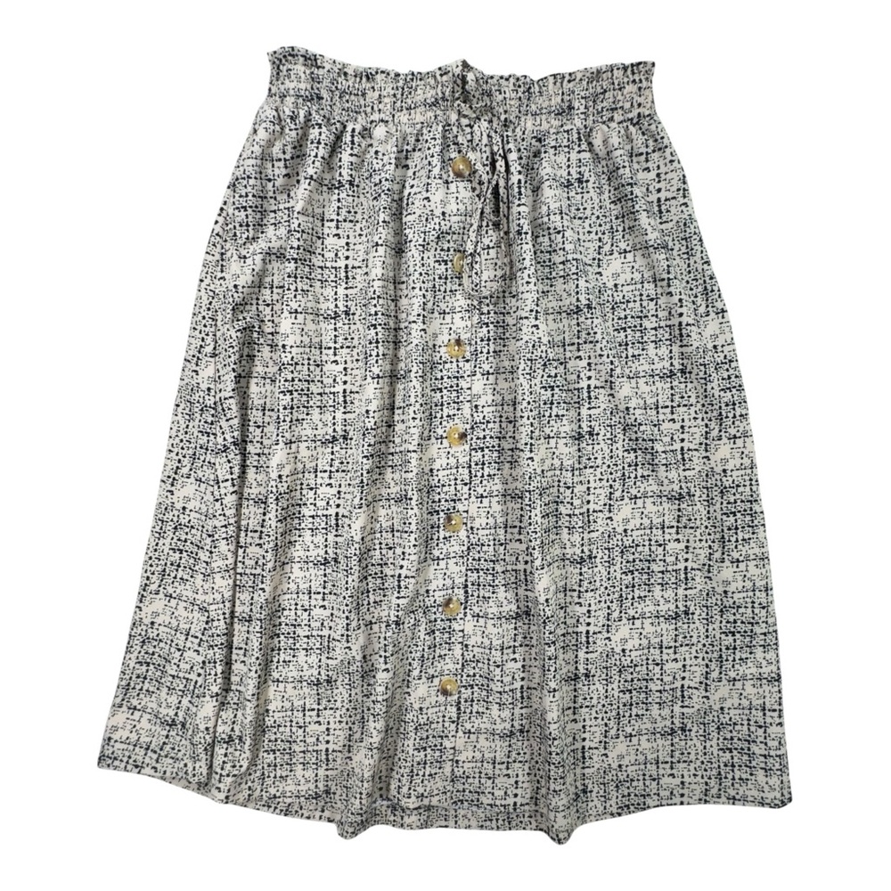 Black Beige Abstract Print Button Front Midi Skirt L Cottagecore Casual Chic